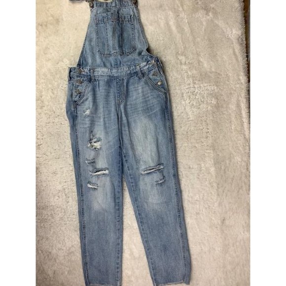 Aeropostale Size M Womens Bib Overalls Distressed Light Wash Mid Rise Ra… - Picture 1 of 4